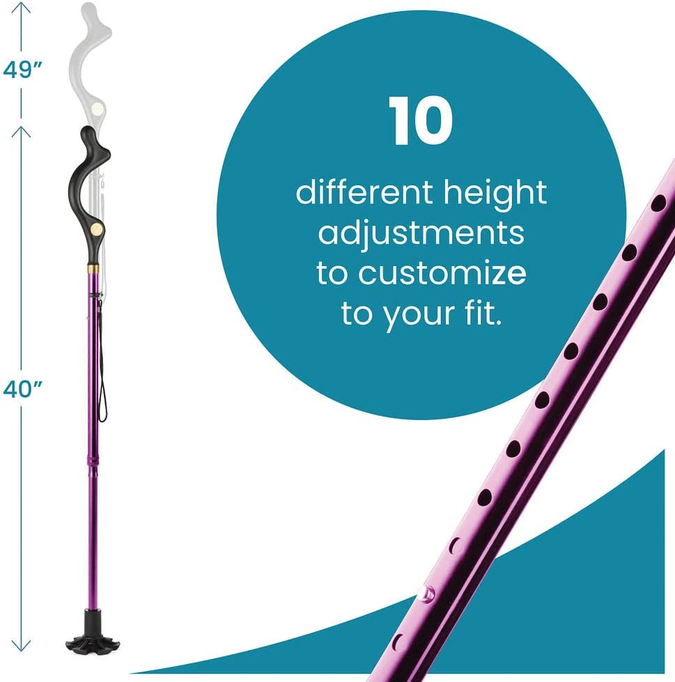 Walking Cane Collapsible Special Balancing with 10 Adjustable Heights - Purple Self-Standing Folding Cane - MedicalKingUsa