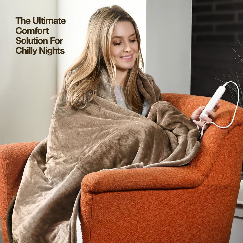 Heated Blanket, Machine Washable Extremely Soft and Comfortable Electric Blanket Throw Fast Heating with Hand Controller 10 Heating Settings and auto Shut-Off (Beige, 50 x 60)