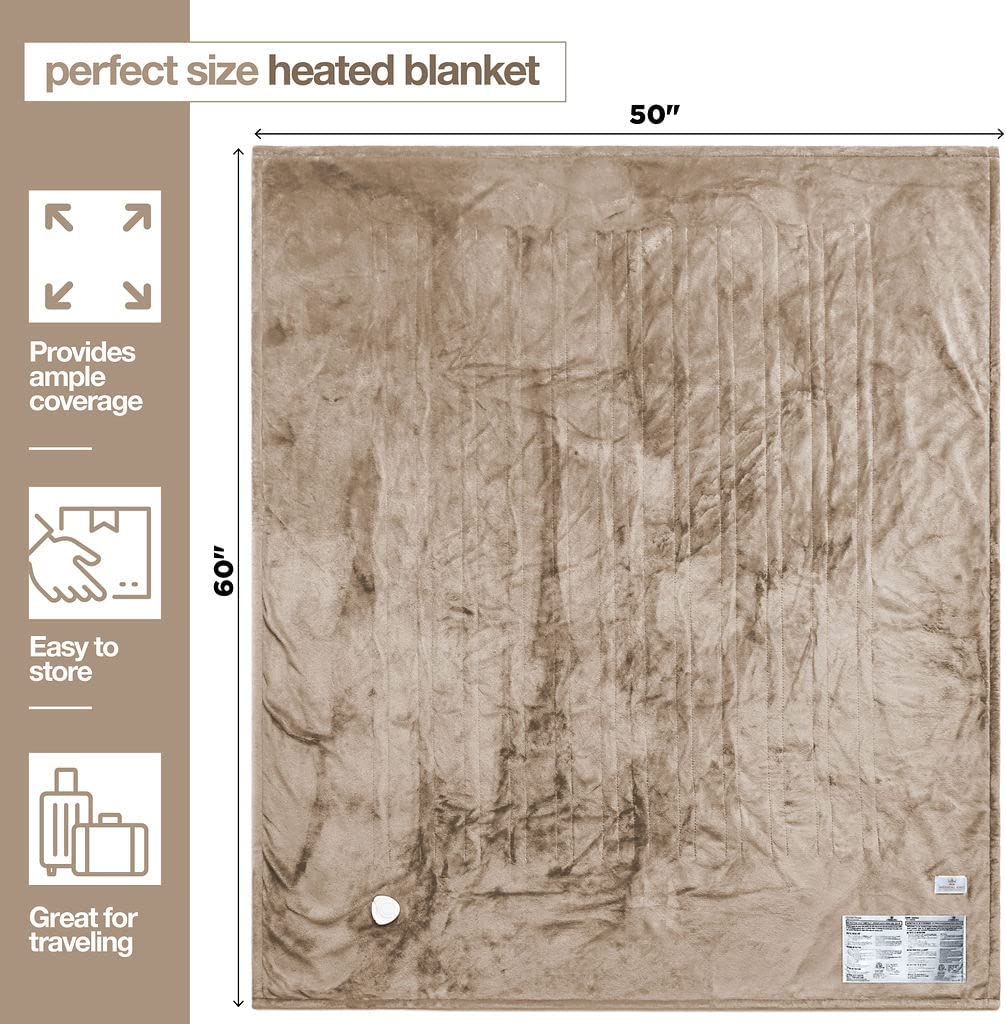 Heated Blanket, Machine Washable Extremely Soft and Comfortable Electric Blanket Throw Fast Heating with Hand Controller 10 Heating Settings and auto Shut-Off (Beige, 50 x 60)