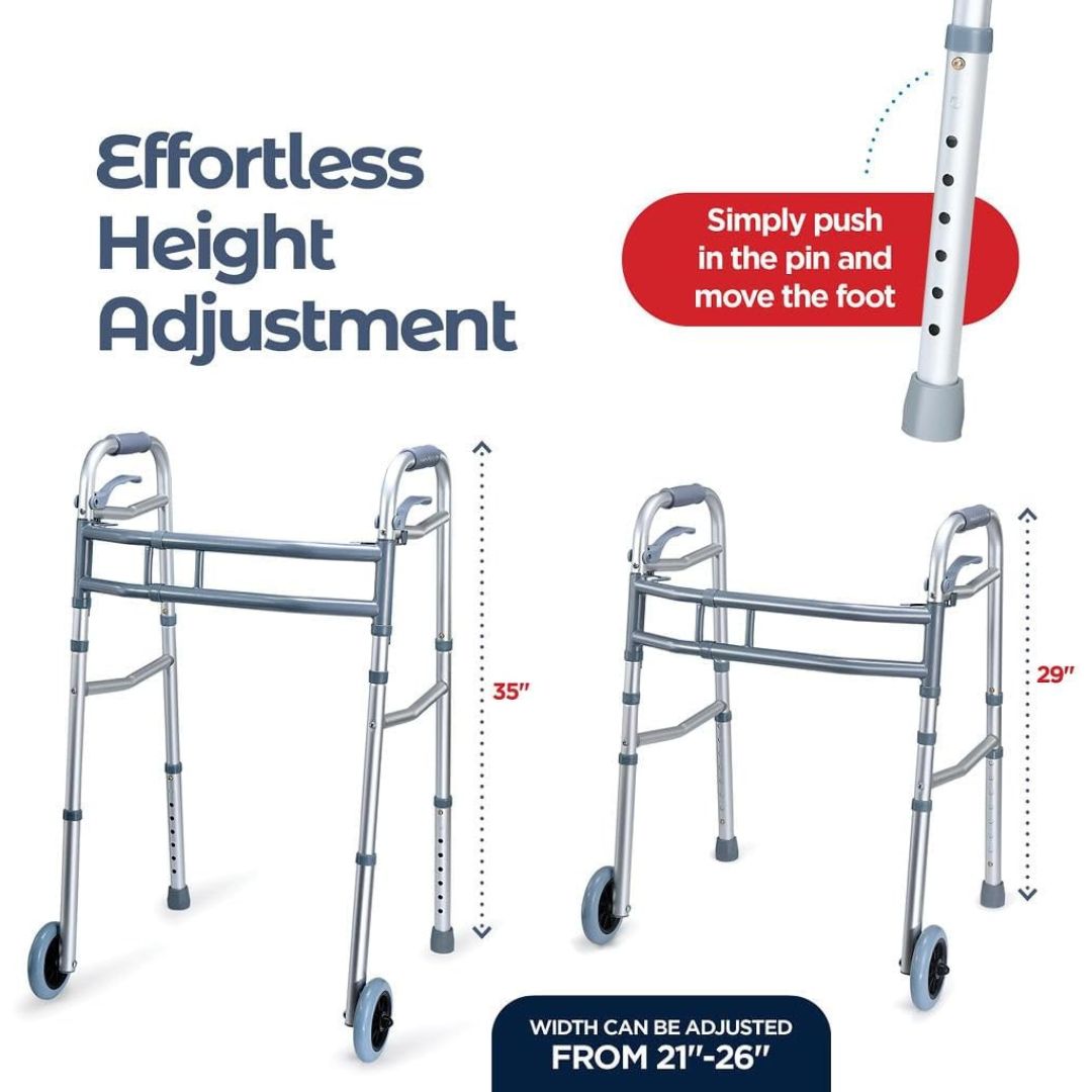 Walkers for Seniors Aluminum Lightweight Walker with Wheels Walker Adjustable Width and Height, Folding Walker with Arm Support Walker for Elderly Handicapped Disabled 2 Wheels in Front