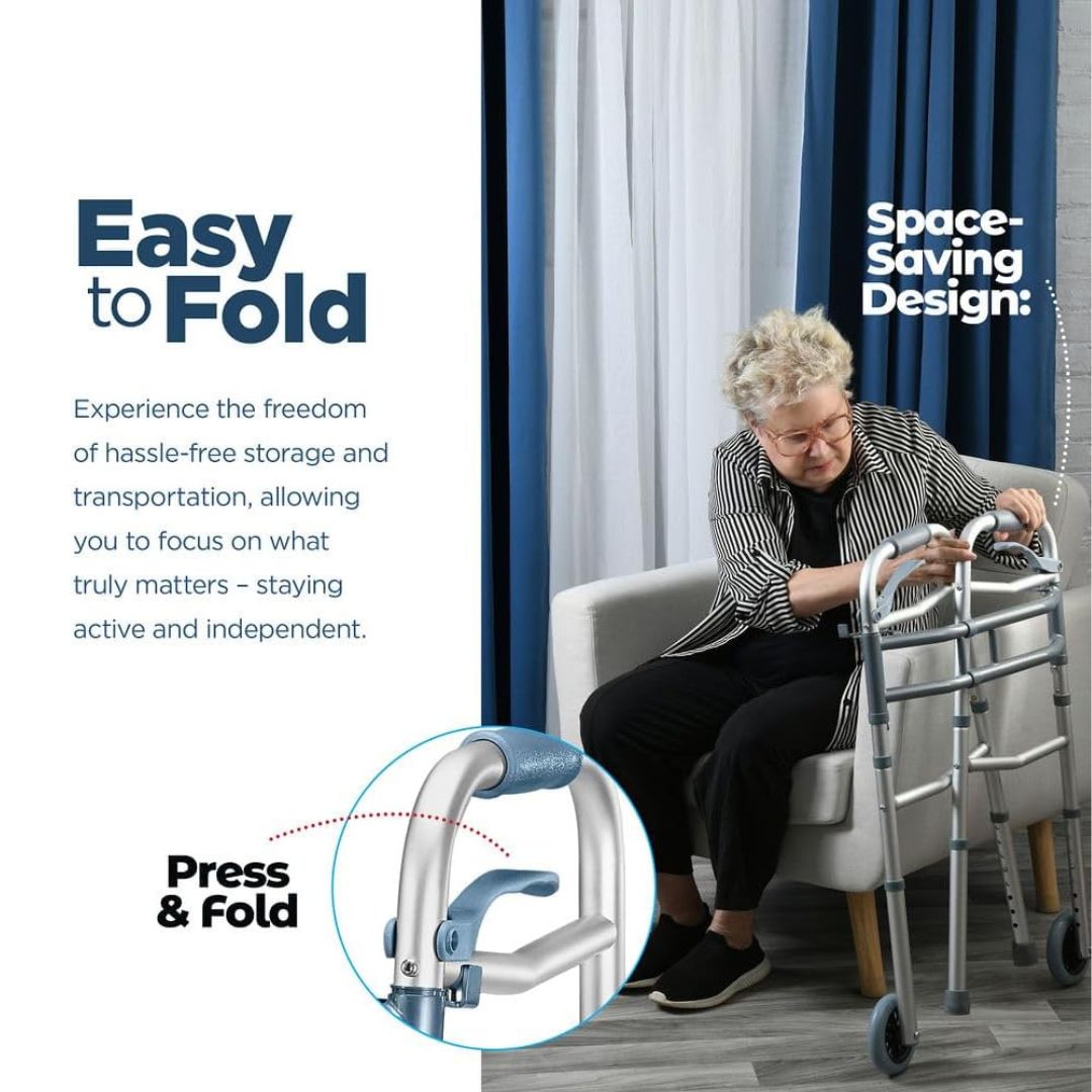 Walkers for Seniors Aluminum Lightweight Walker with Wheels Walker Adjustable Width and Height, Folding Walker with Arm Support Walker for Elderly Handicapped Disabled 2 Wheels in Front