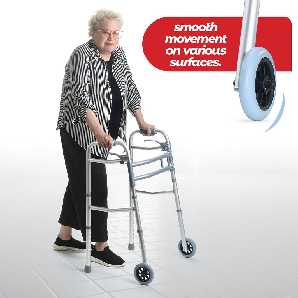Walkers for Seniors Aluminum Lightweight Walker with Wheels Walker Adjustable Width and Height, Folding Walker with Arm Support Walker for Elderly Handicapped Disabled 2 Wheels in Front