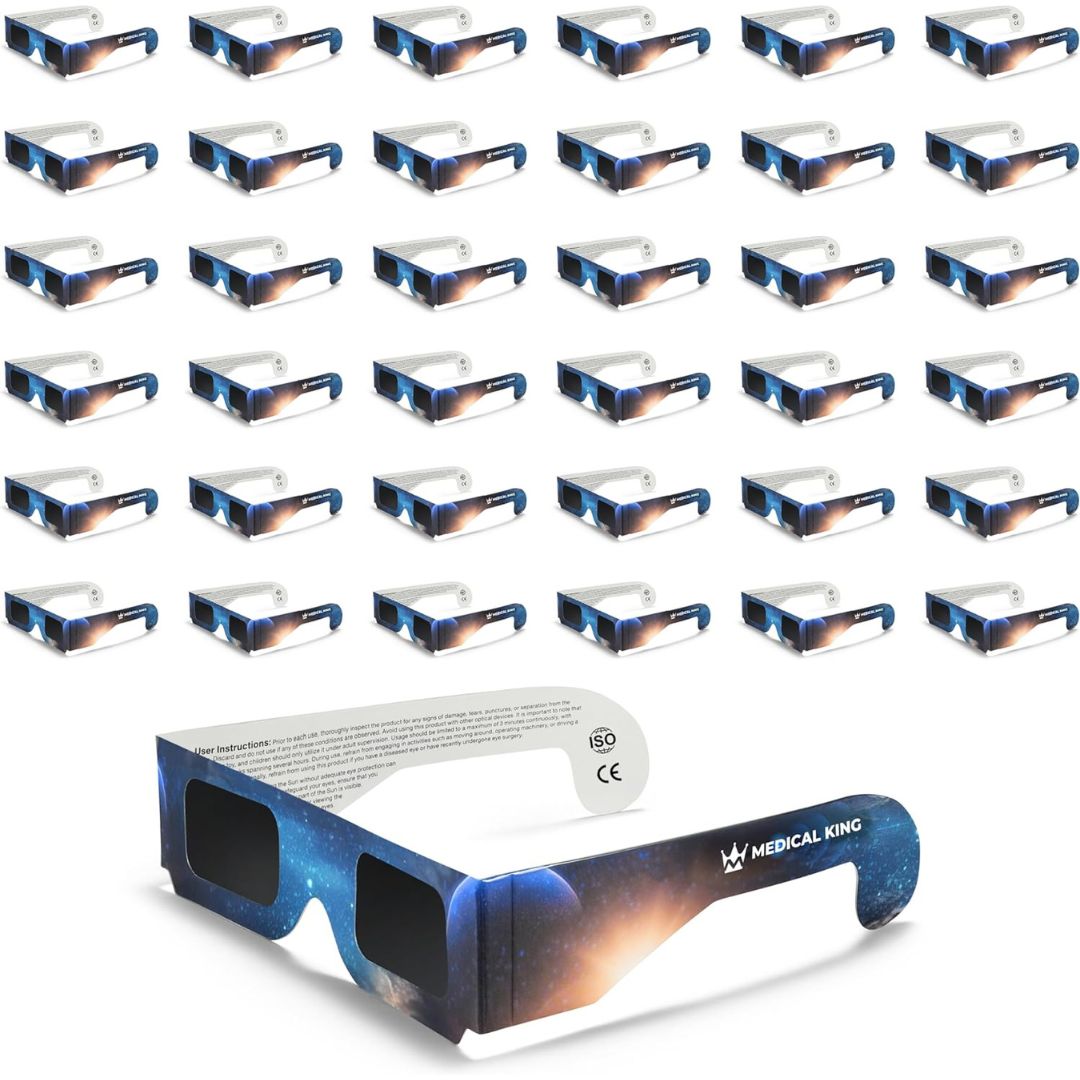 Medical King Solar Eclipse Glasses , Solar Filters Glasses with Solar Safe Filter Technology - Non-Polarized Solar Viewers with Light Blocking Film Lens & Cardboard Frame - CE, ISO Approved 2024 - 2, 5, 10, 20, 50 and 100-Pack