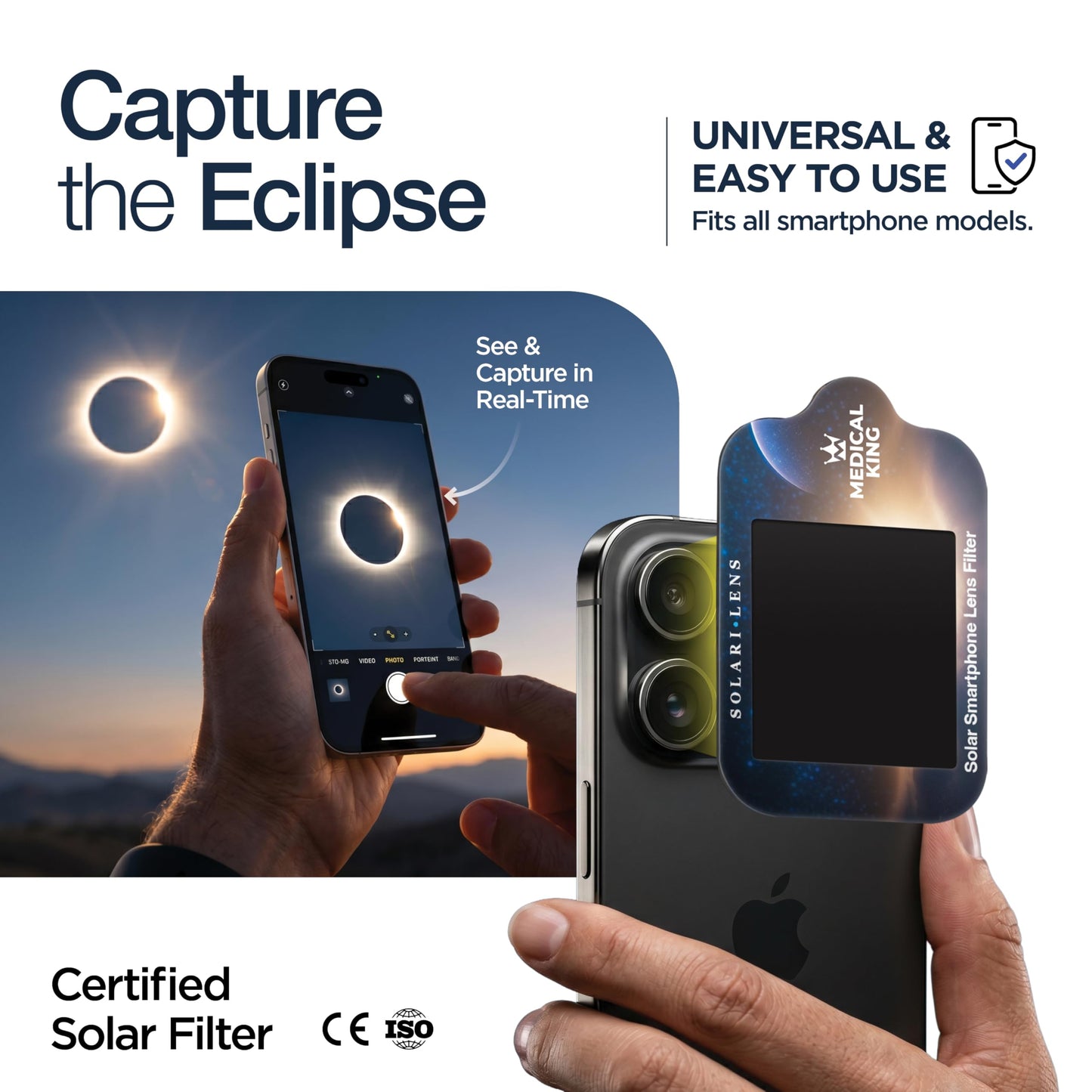 1000 Gafas Eclipse Solar Homologadas ISO 12312-2 - Paquete de 6 Con 2 Lentes Fotográficos Para Smartphone Aprobados según la norma ISO, con certificación CE: Gafas para ver eclipses solar 2026