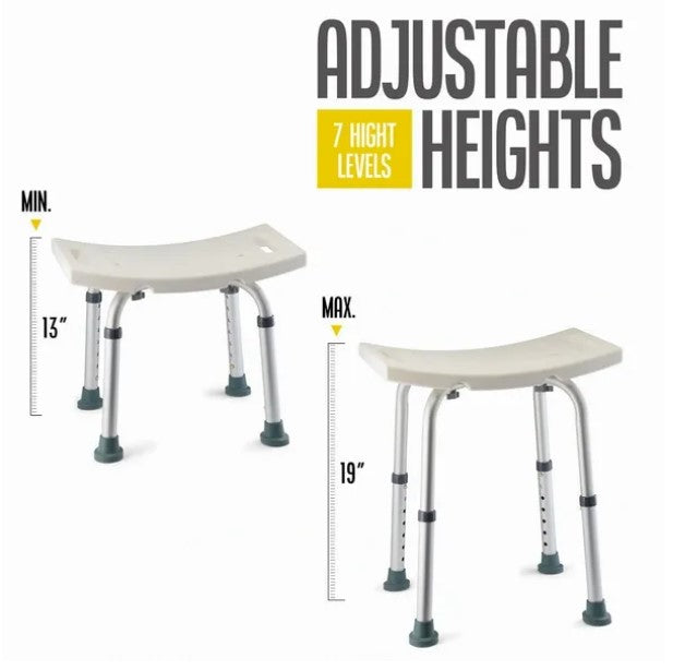 Shower Chair - with Back Scrubber & Additional Sponge - Tool Free Shower Chair for Elderly - with 8 Adjustable Heights - Portable Anti Slip Bath Chair for Elderly