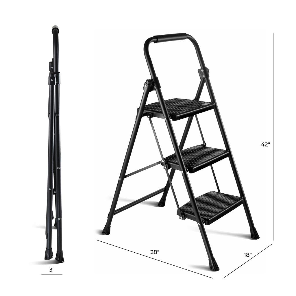 Step Ladder 3 Step Folding Step Stool Step Ladder With Wide Anti-Slip Pedal Step Stool Foldable For Adults Lightweight, Portable Steel Use For Home And Office