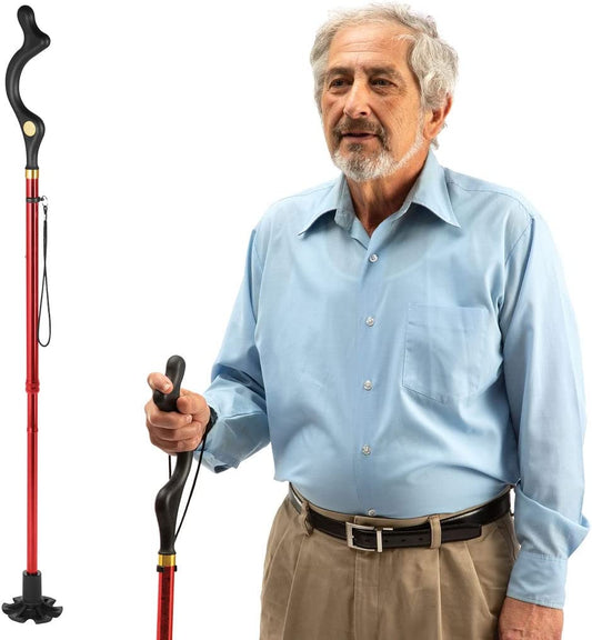 Walking Cane Collapsible Special Balancing with 10 Adjustable Heights - Red Self-Standing Folding Cane -  MedicalKingUsa