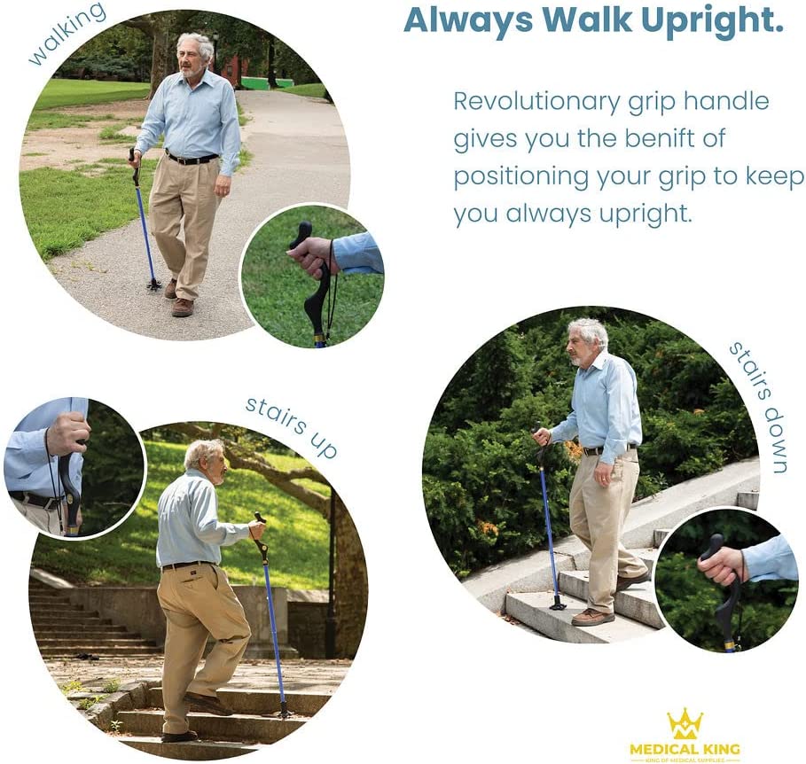 Walking Cane Collapsible Special Balancing with 10 Adjustable Heights - Blue Self-Standing Folding Cane -  MedicalKingUsa