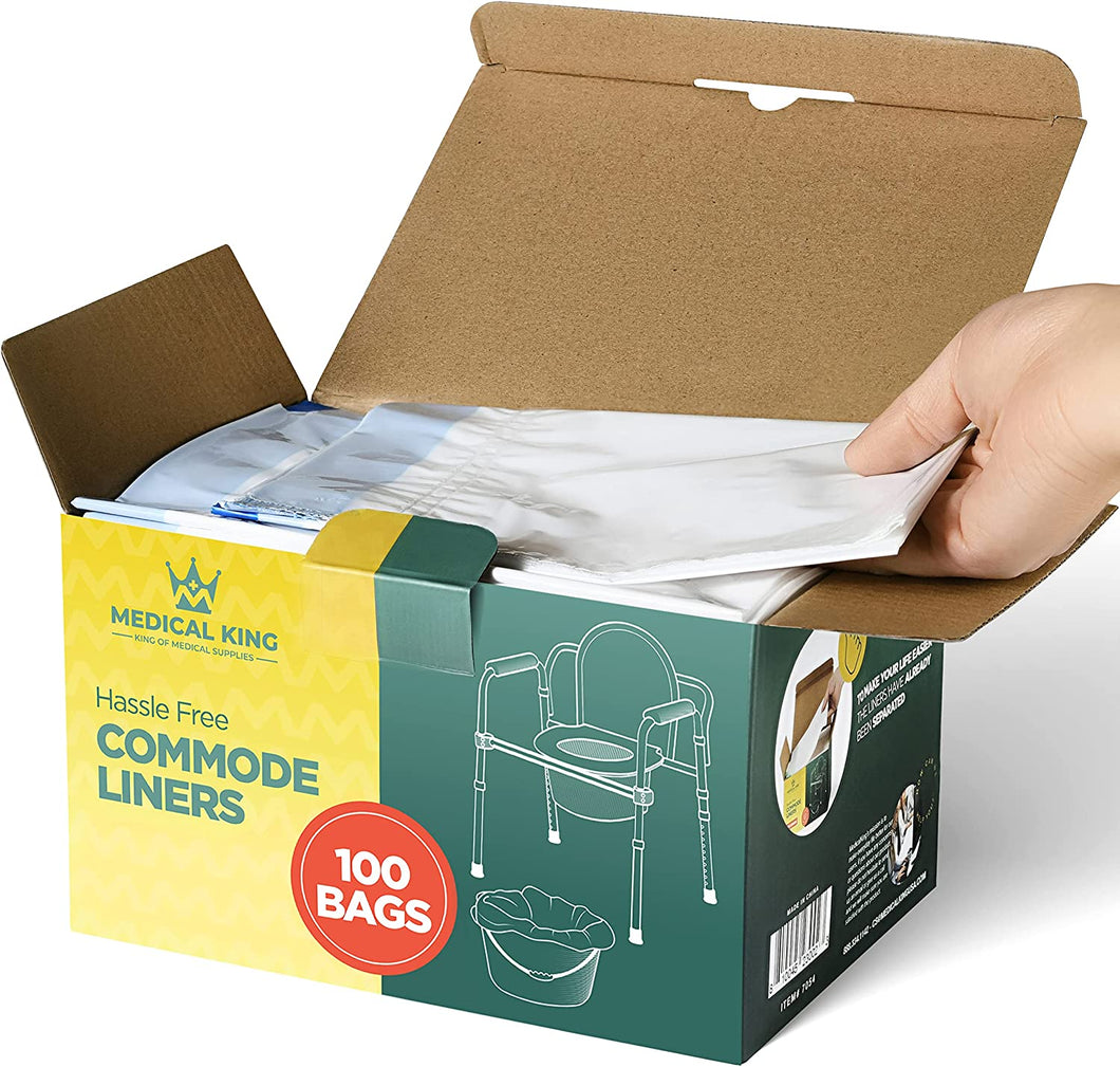 Commode Liners 100-Pack Bedside Commode Liners Portable Toilet Bags - Commode Liners for Adult Commode Chairs, Camp Toilet, Bucket - Leakproof, Hygienic Closure - Universal Fit, 20.5x15