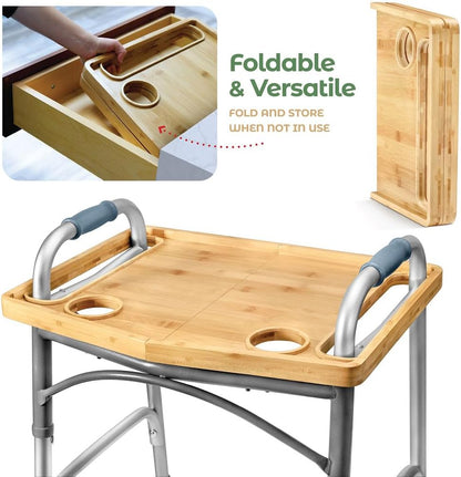 Walker Tray Table with Cup Holder Mobility Table Tray for Folding Walkers Foldable, Portable Multipurpose Bamboo Tray for Eating, Crafts, Laptops Medical Equipment Accessories - 21x16"