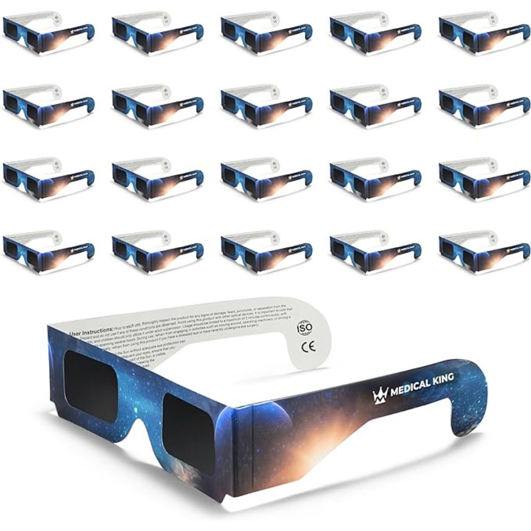 Medical King Solar Eclipse Glasses , Solar Filters Glasses with Solar Safe Filter Technology - Non-Polarized Solar Viewers with Light Blocking Film Lens & Cardboard Frame - CE, ISO Approved 2024 - 2, 5, 10, 20,  50 and 100-Pack