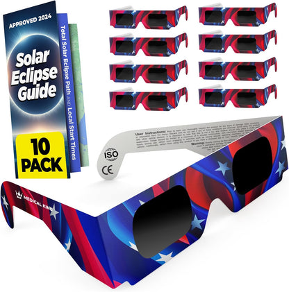 Solar Eclipse Glasses 2, 5, 10, 20, 50, 100 pack - 2024 CE and ISO Certified American Design Safe Shades for Direct Sun Viewing - MedicalKingUsa