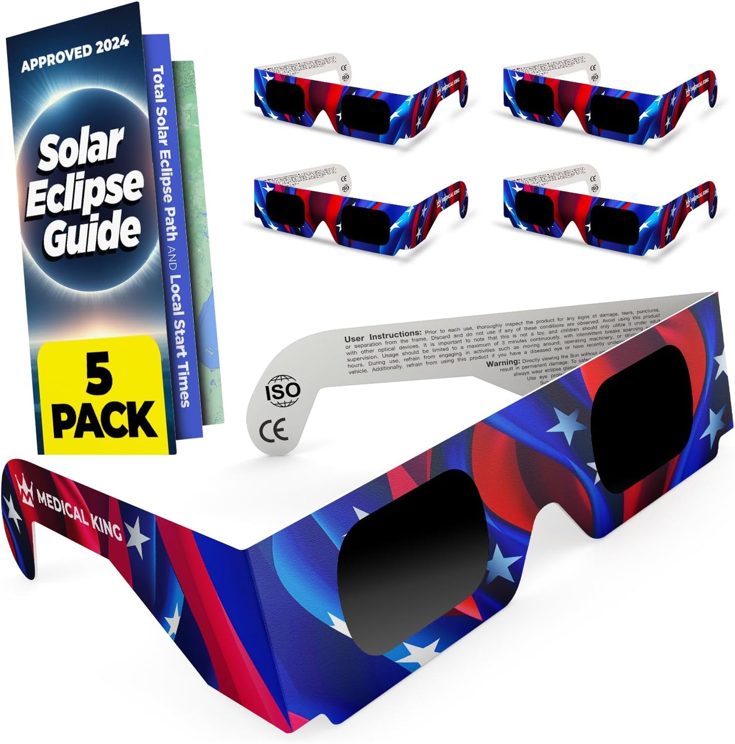 Solar Eclipse Glasses 2, 5, 10, 20, 50, 100 pack - 2024 CE and ISO Certified American Design Safe Shades for Direct Sun Viewing - MedicalKingUsa