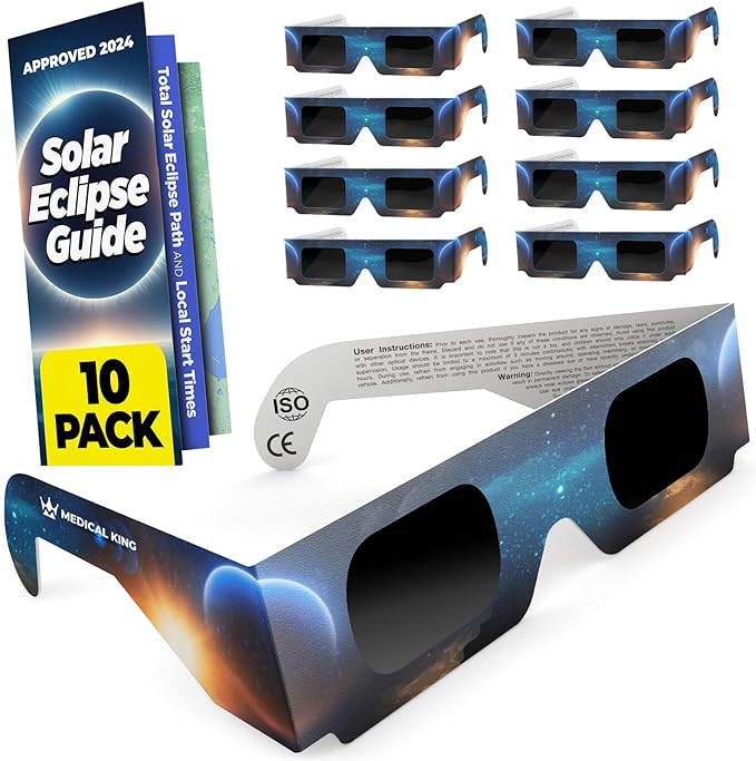 Medical King Solar Eclipse Glasses , Solar Filters Glasses with Solar Safe Filter Technology - Non-Polarized Solar Viewers with Light Blocking Film Lens & Cardboard Frame - CE, ISO Approved 2024 - 2, 5, 10, 20,  50 and 100-Pack