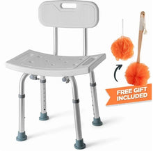 Load image into Gallery viewer, Shower chair Set of 3 - Includes Back Scrubber &amp; Additional Sponge - Anti Slip For Safety, With 8 Adjustable Heights Portable - Tool Free Shower Chair For Elderly - Bath Chair For Elderly
